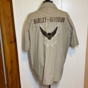 PREOWNED Harley Davidson khaki tan garage work shirt short sleeve 2XL XXL